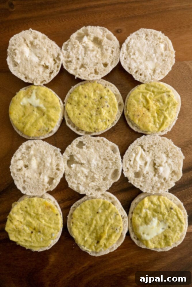 Grab-and-Go Egg Muffin Sandwiches 10 A close-up of two assembled homemade egg and cheese muffins on a wooden table, with more wrapped sandwiches blurred in the background, showcasing a batch ready for freezing.