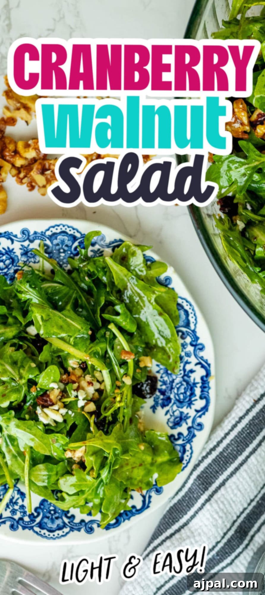 Arugula and walnut salad with cranberries, a close-up of this delicious dish.