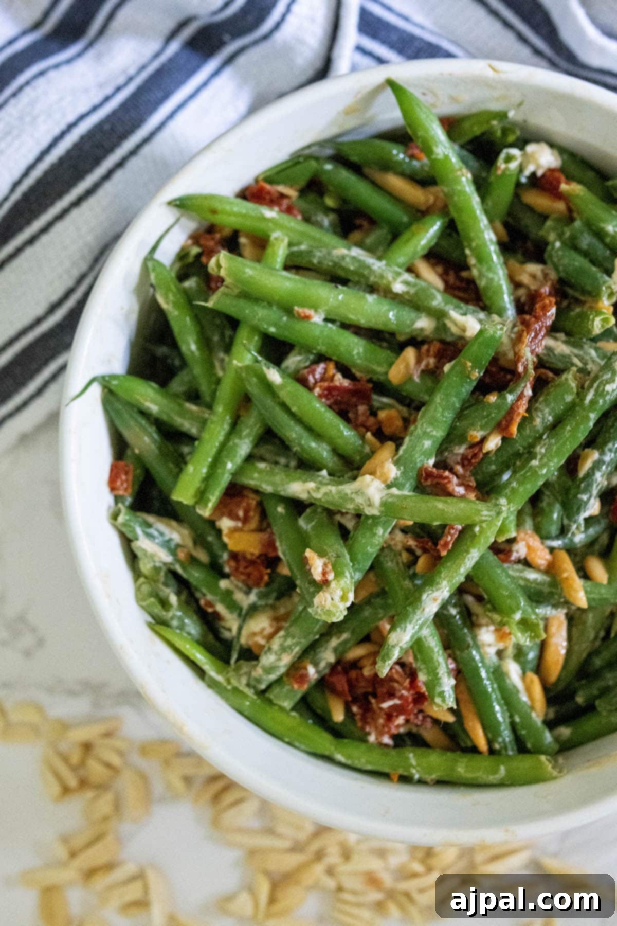 Sun-Dried Tomato & Parmesan Green Beans 2 Cheesy green bean salad with almonds and creamy cheese