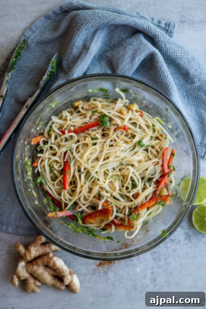 A beautifully arranged bowl of noodles, bell peppers, cilantro, peanuts, and rich miso dressing, ready to be tossed.
