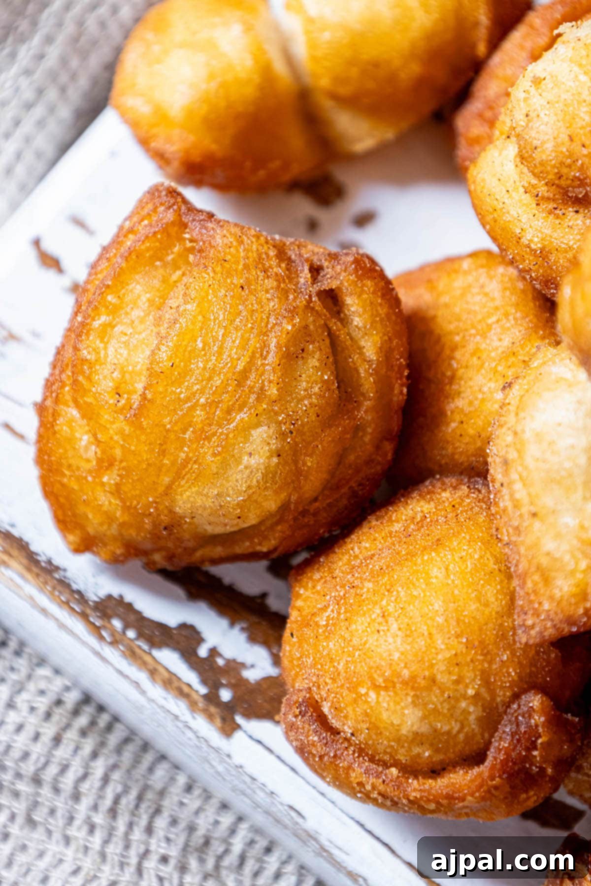 Golden Cinnamon Bites 3 Fried cinnamon doughnuts on a white plate.