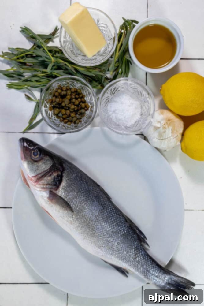 Roasted Branzino with Zesty Lemon-Caper Butter 5 A plate featuring a beautifully roasted branzino, garnished with fresh lemon slices and aromatic herbs.