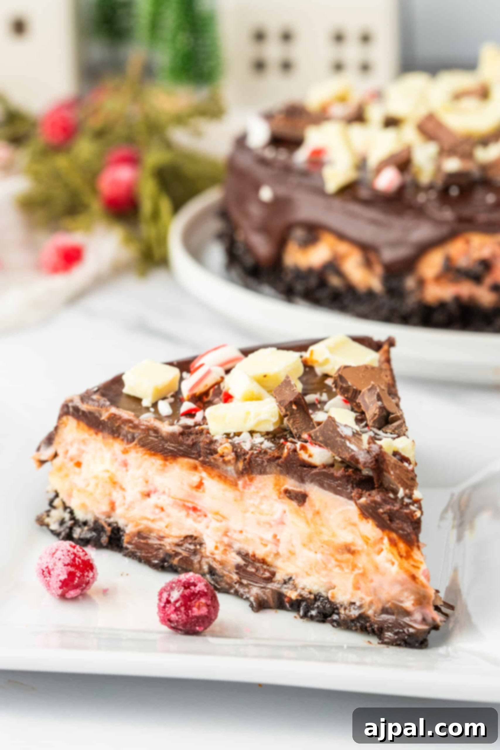 Peppermint Bark Cheesecake 2 A perfectly sliced piece of chocolate peppermint cheesecake adorned with chocolate shavings and crushed candy canes, resting on a white plate with a subtle holiday decor backdrop.