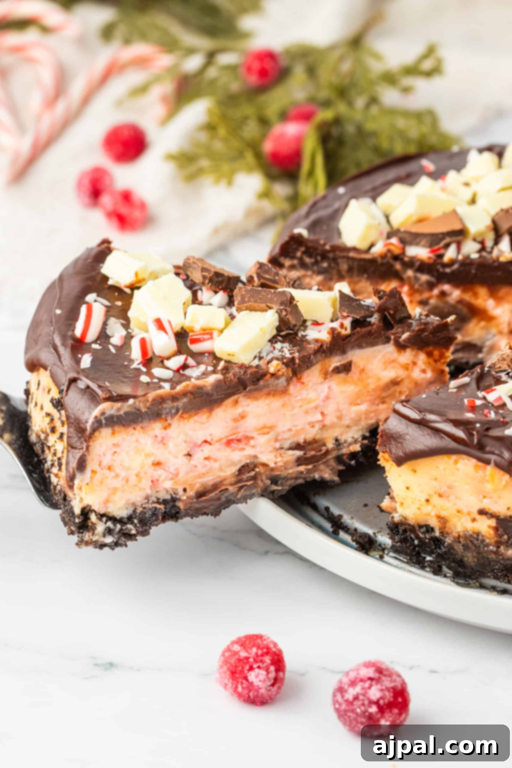 Peppermint Bark Cheesecake 14 A sumptuous slice of chocolate peppermint cheesecake on a white plate, showcasing its festive toppings and rich, layered texture.