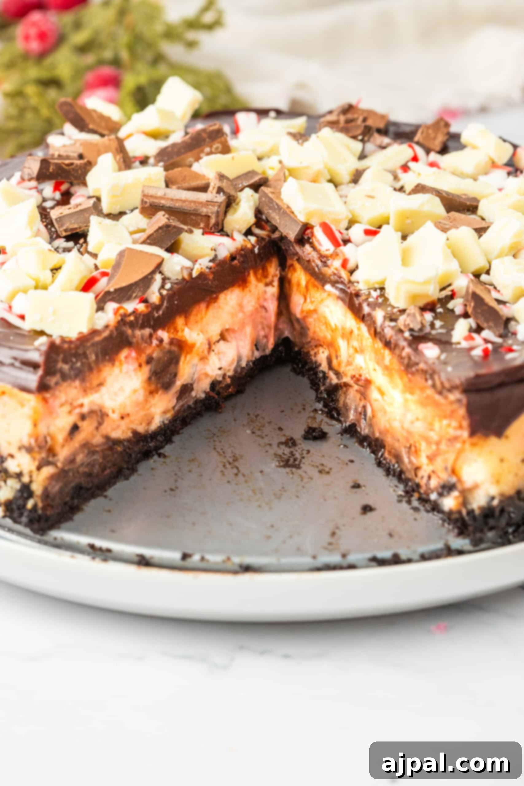 Peppermint Bark Cheesecake 3 A decadent chocolate peppermint cheesecake, with a single slice removed, revealing its creamy texture and rich interior. The top is garnished with chocolate shavings and crushed peppermint candies.