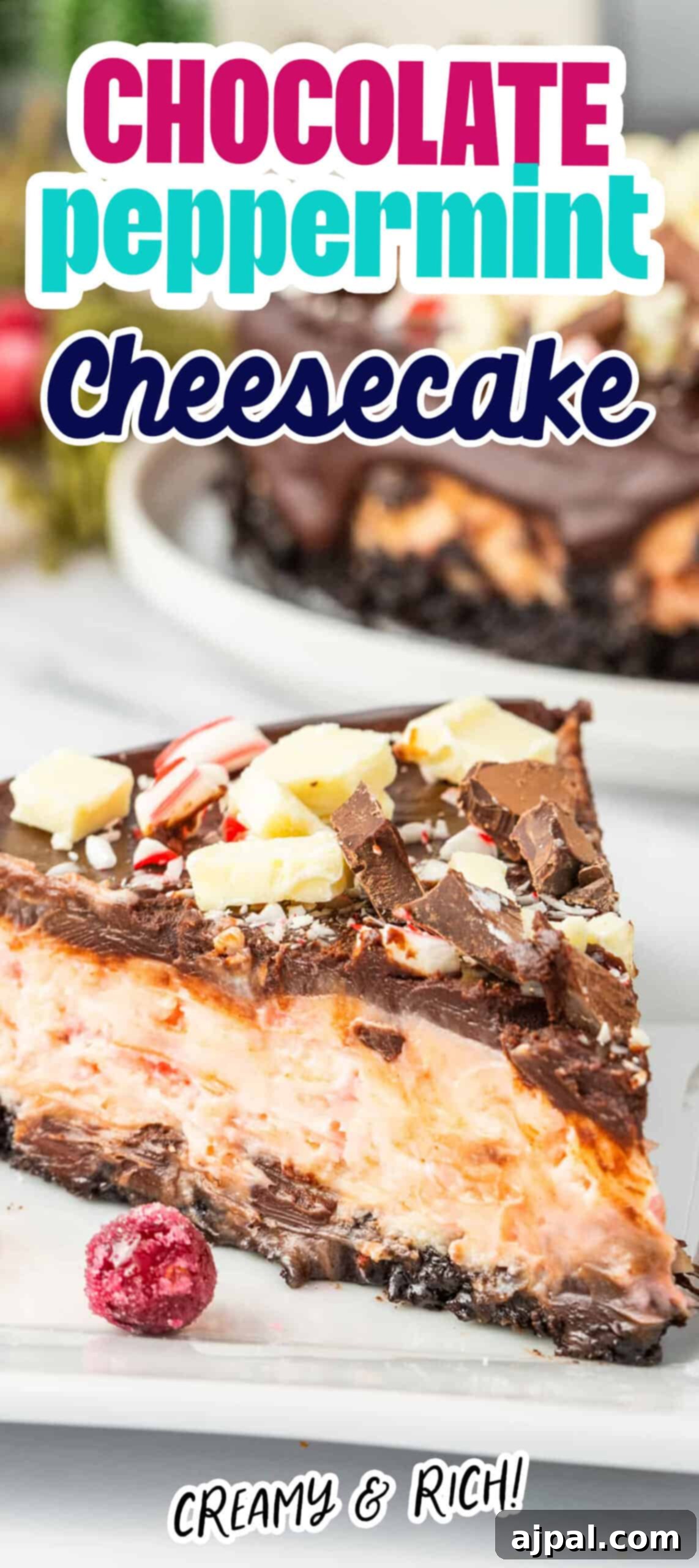 Peppermint Bark Cheesecake 16 Indulge in a decadent chocolate peppermint cheesecake served on a pristine white plate, garnished with chocolate shavings and crushed peppermint candy, creating a visually stunning holiday dessert.