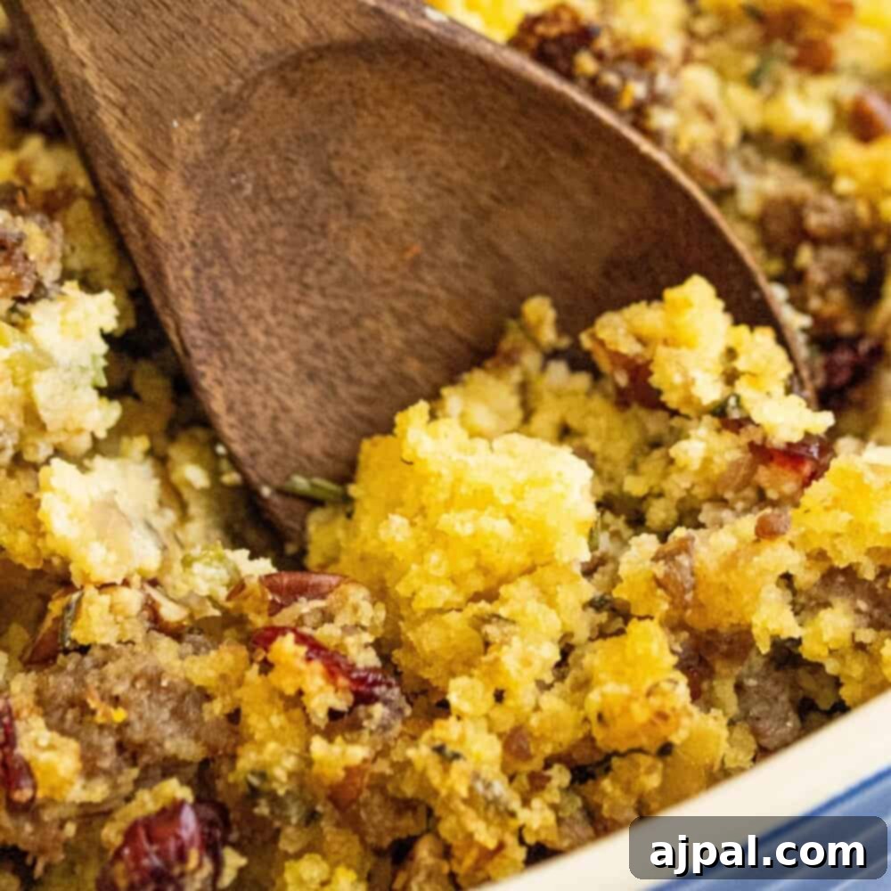 Hearty Sausage Cornbread Dressing 2 A bowl of cornbread stuffing with sausage, garnished with fresh herbs.