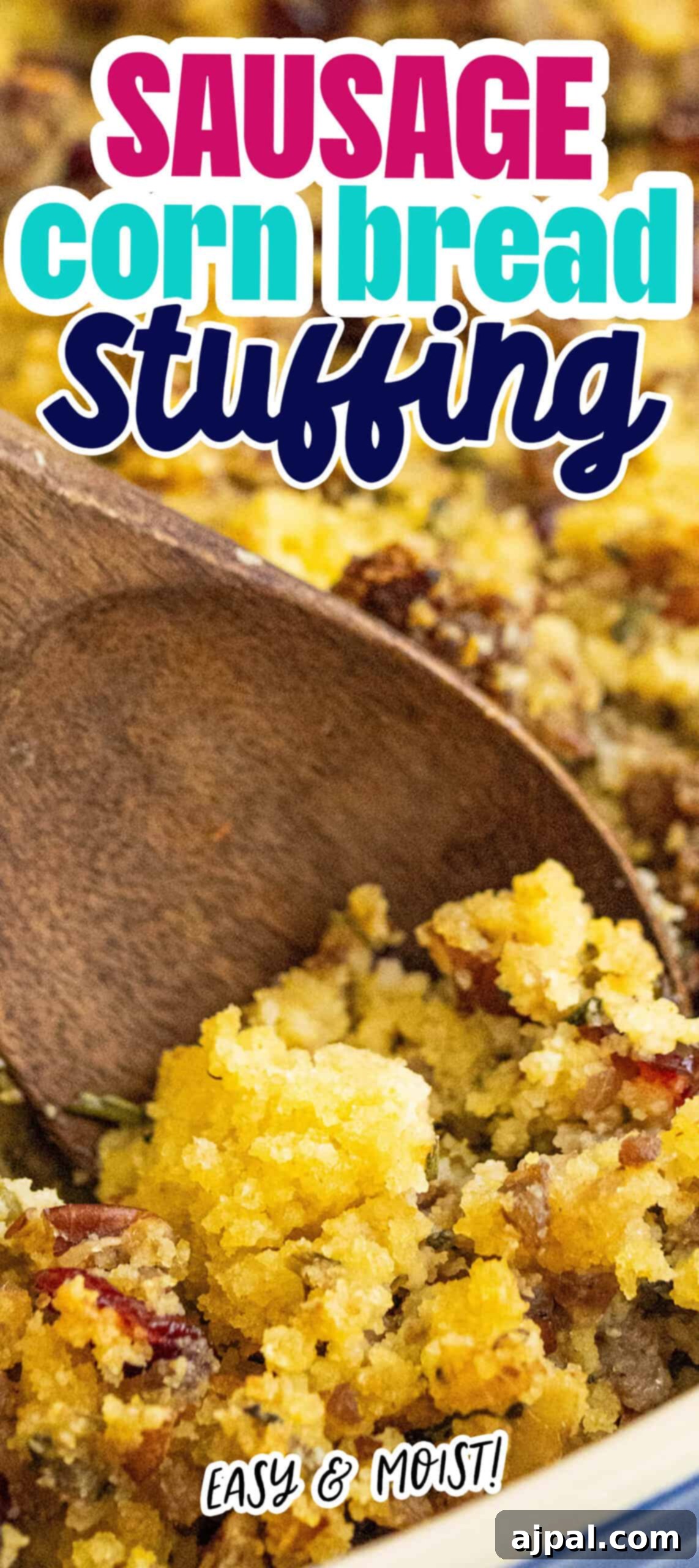 Hearty Sausage Cornbread Dressing 11 Savory cornbread stuffing with sausage in a white baking dish.