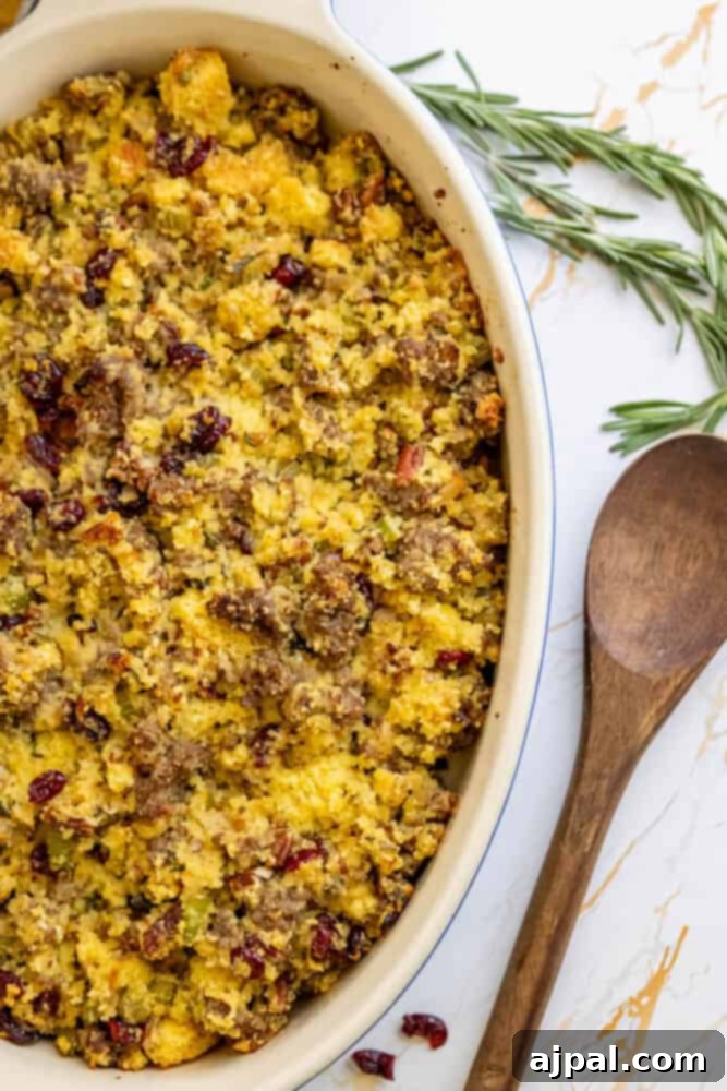Hearty Sausage Cornbread Dressing 3 Cranberry sausage stuffing in a white baking dish, ready to serve.