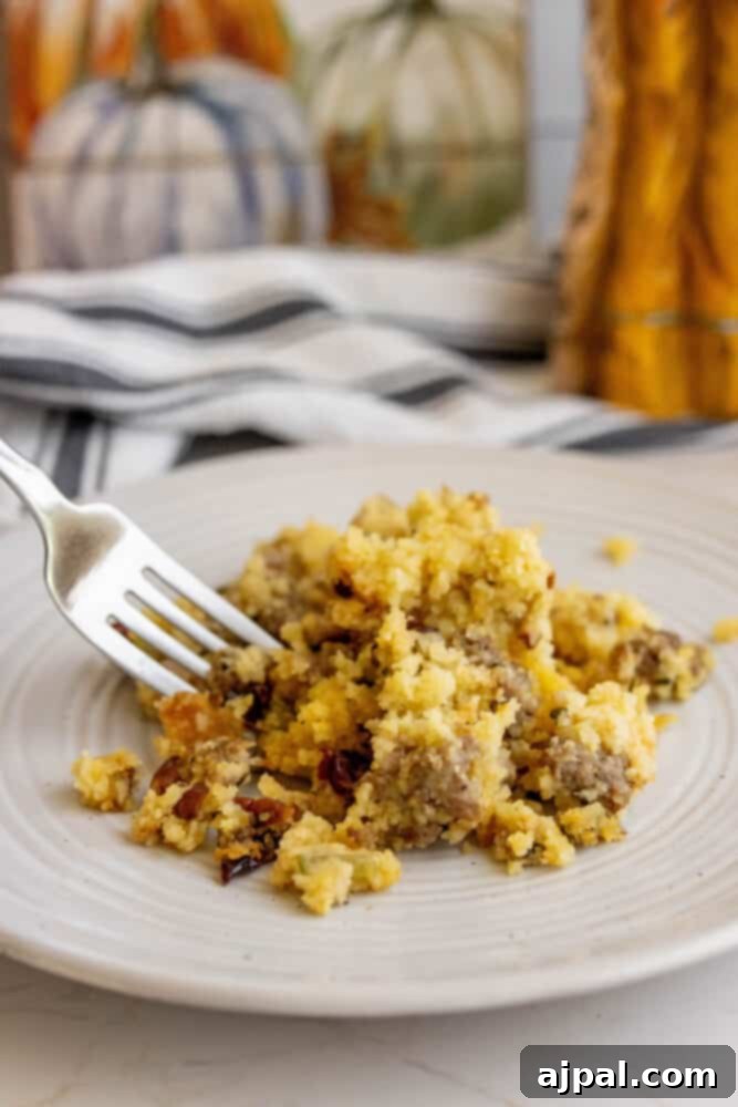 Hearty Sausage Cornbread Dressing 4 A serving of cornbread stuffing with sausage on a white plate, showcasing its texture.