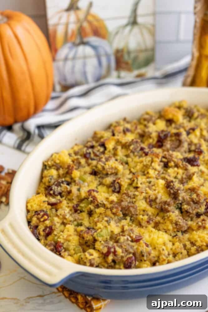 Hearty Sausage Cornbread Dressing 5 A dish of cornbread stuffing on a festive table with pumpkins and cranberries.