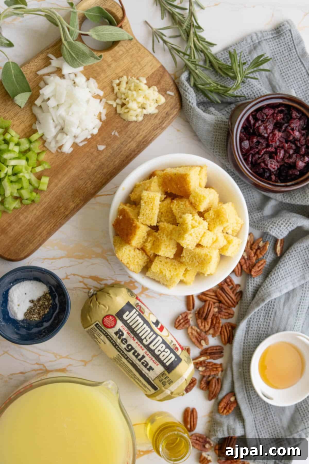 Hearty Sausage Cornbread Dressing 6 The ingredients for cranberry sausage cornbread stuffing on a cutting board, including dried cranberries soaking.