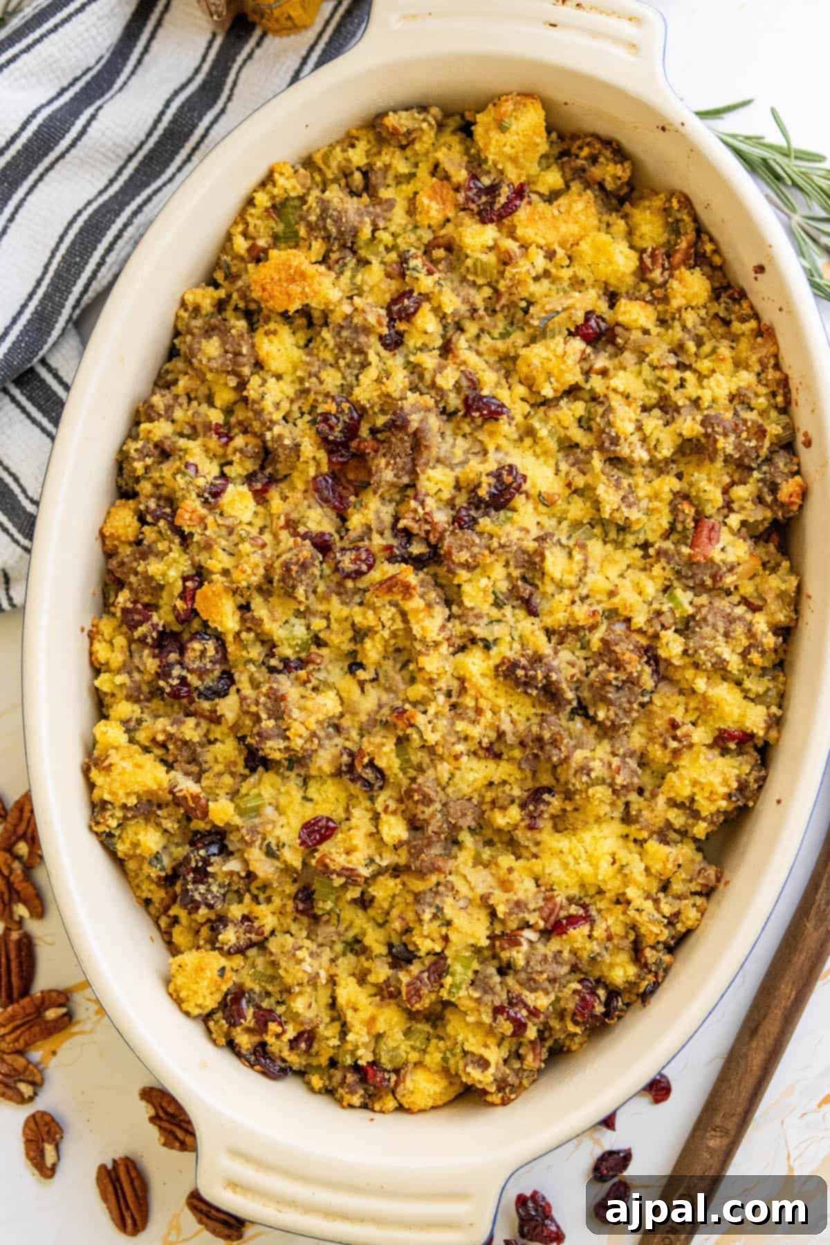 Hearty Sausage Cornbread Dressing 10 Cranberry sausage stuffing spread evenly in a white baking dish with cornbread crumbs.