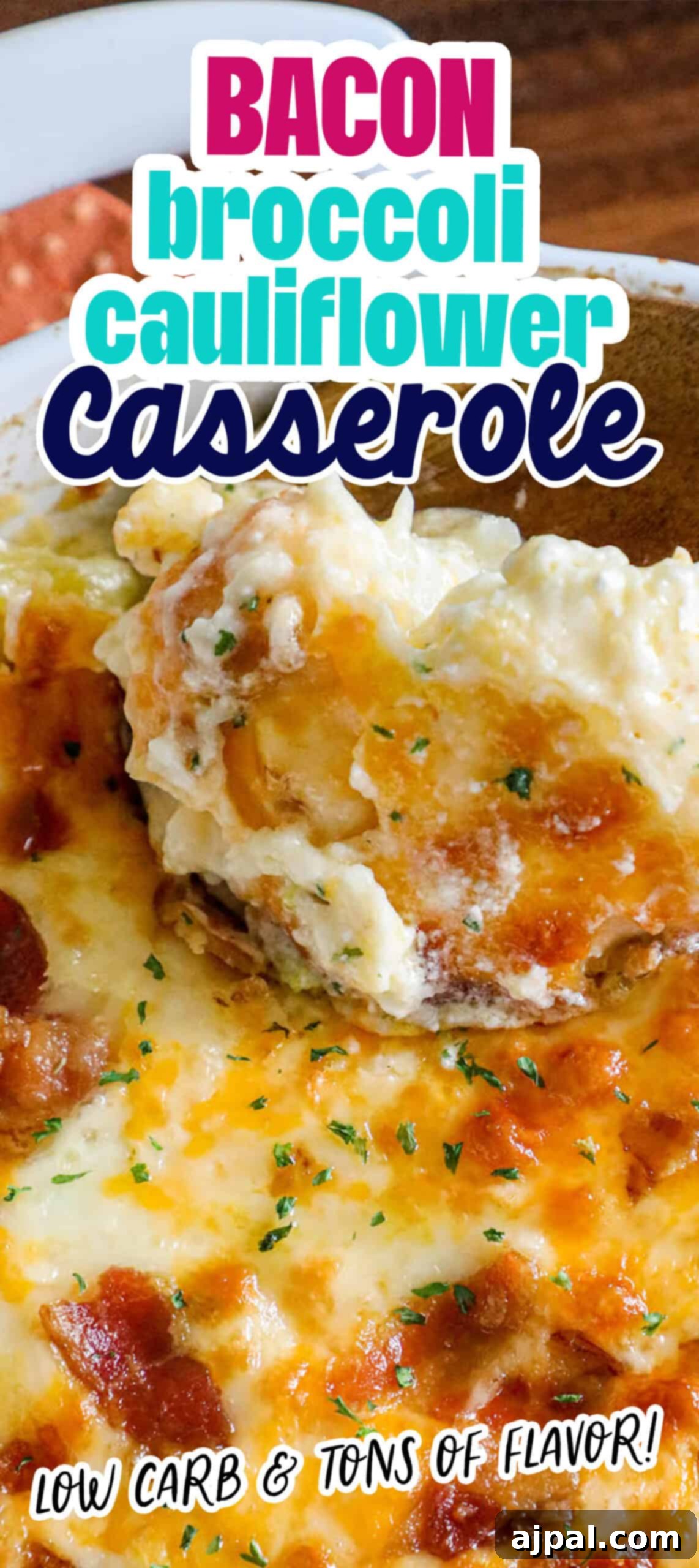 A delectable casserole made with broccoli, cauliflower, and bacon, scooped into a serving bowl, showcasing its creamy texture.