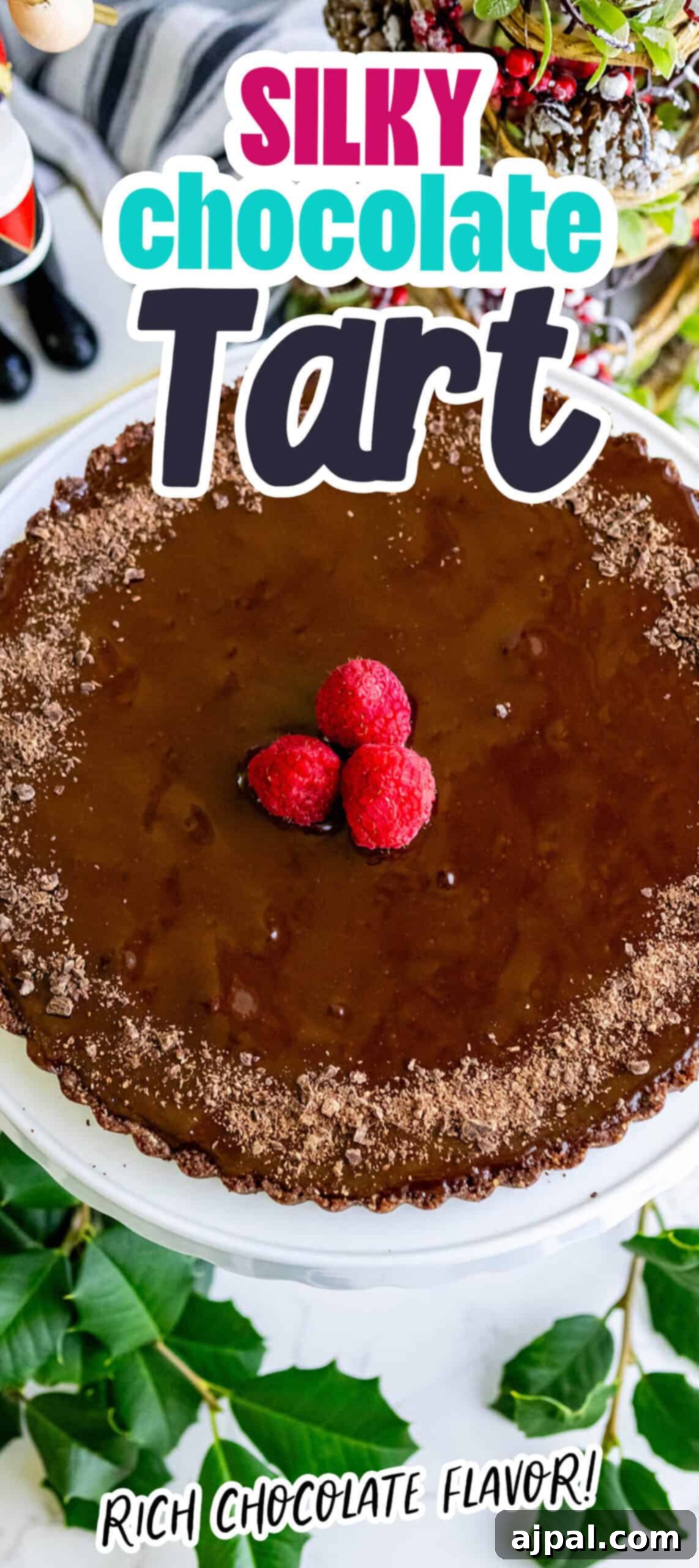 A stunning full image of the silky chocolate tart, highlighting its glossy top and perfect crust.