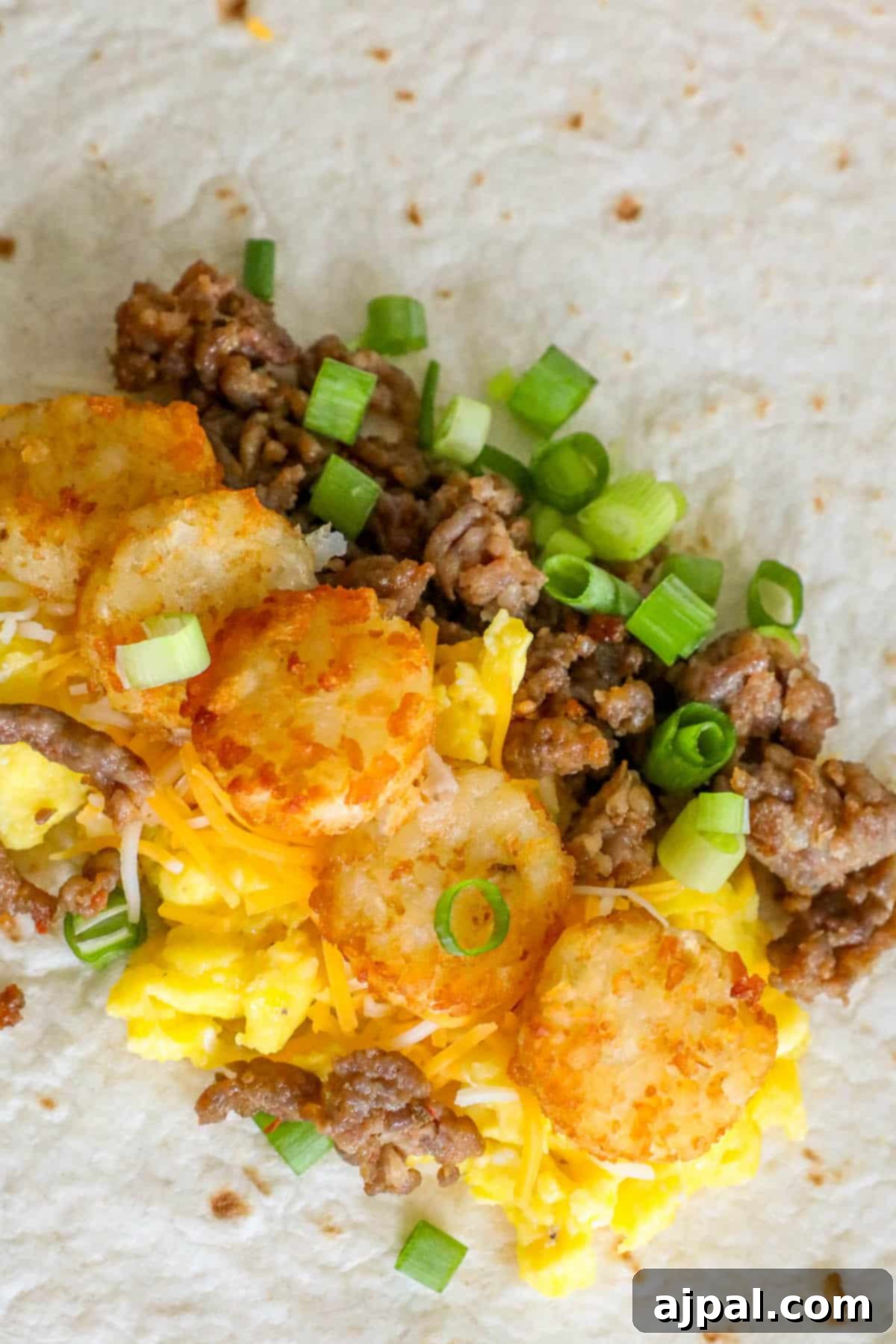 Grab-and-Go Breakfast Burritos 10 A delicious freezer breakfast burrito, perfectly golden, with eggs, sausage, and vibrant green onions visible.