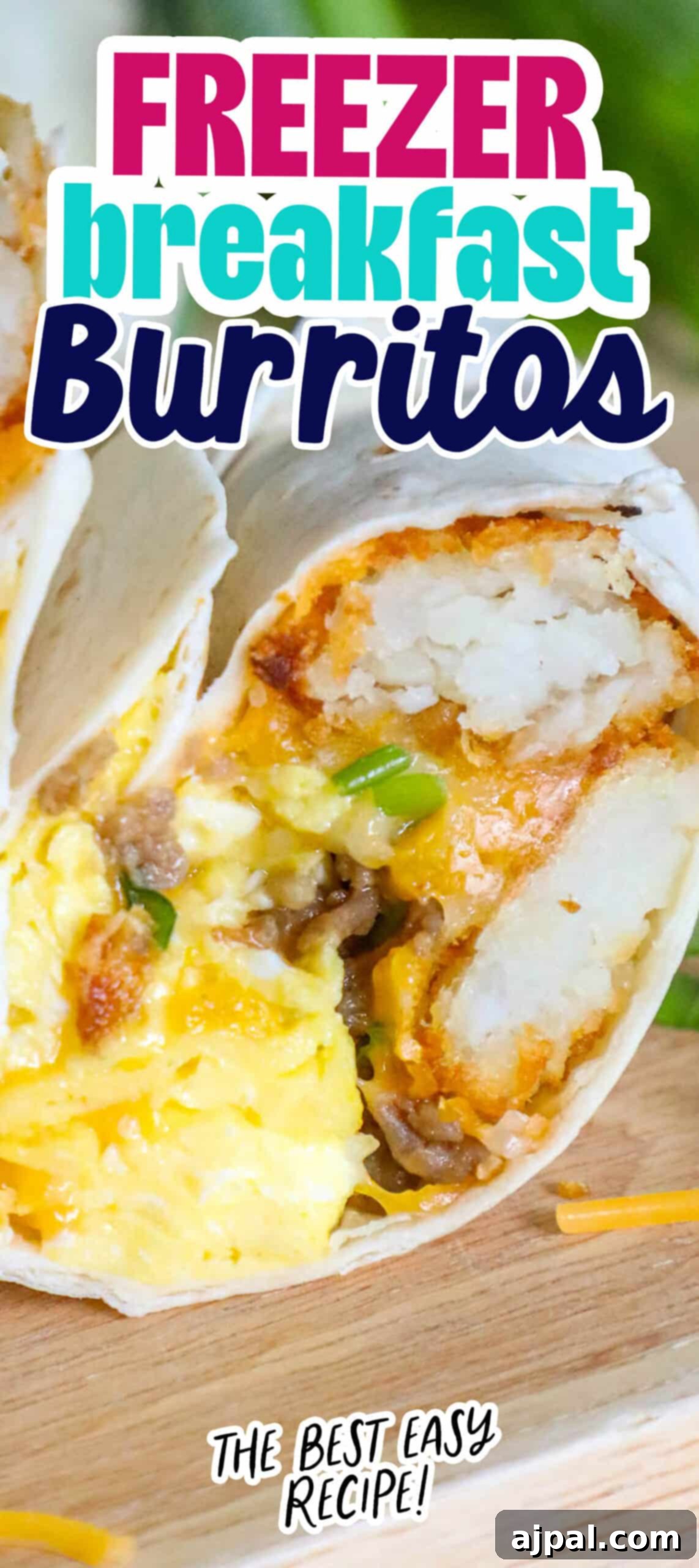 Grab-and-Go Breakfast Burritos 11 A perfectly wrapped frozen breakfast burrito, ready for storage, rests on a cutting board, embodying grab-and-go convenience.