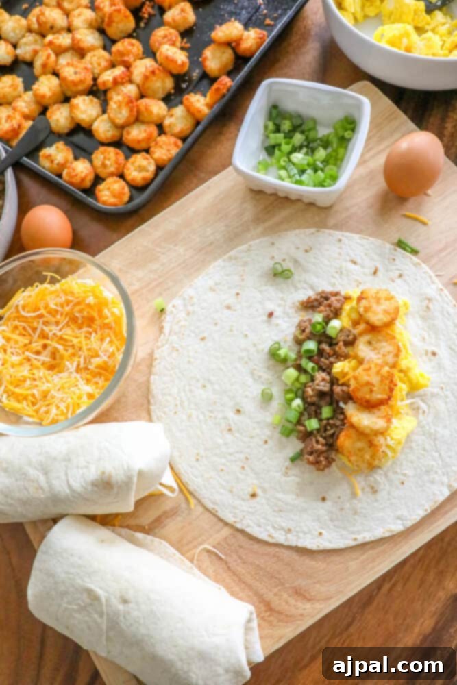 Grab-and-Go Breakfast Burritos 6 A rustic wooden cutting board laden with all the fresh ingredients needed to assemble delicious freezer breakfast burritos.
