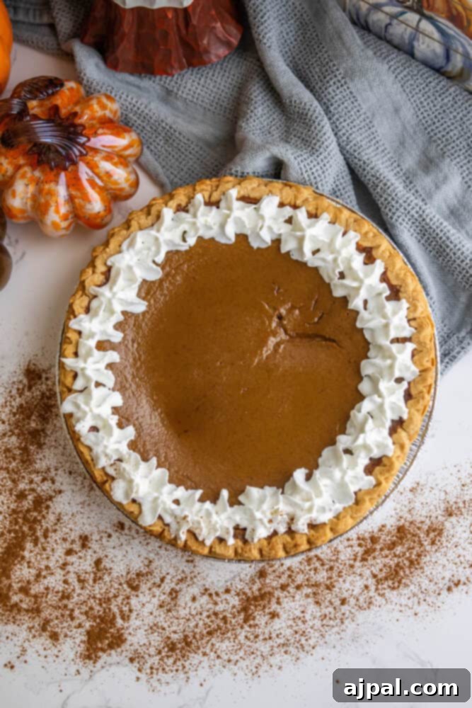 A perfectly baked pumpkin pie topped with a swirl of whipped cream, ready to be served.