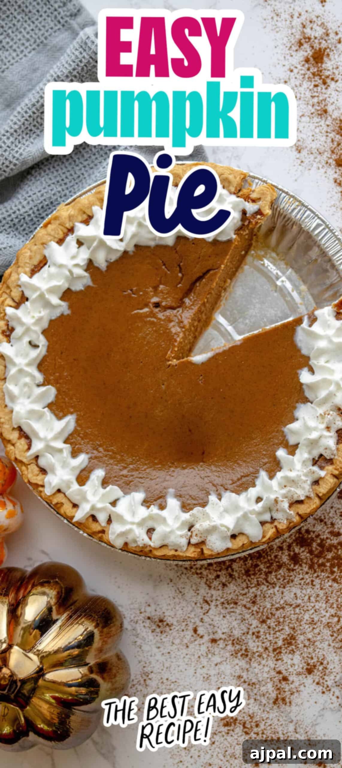 A perfectly baked, easy pumpkin pie with one slice neatly removed, showcasing its creamy interior and flaky crust.