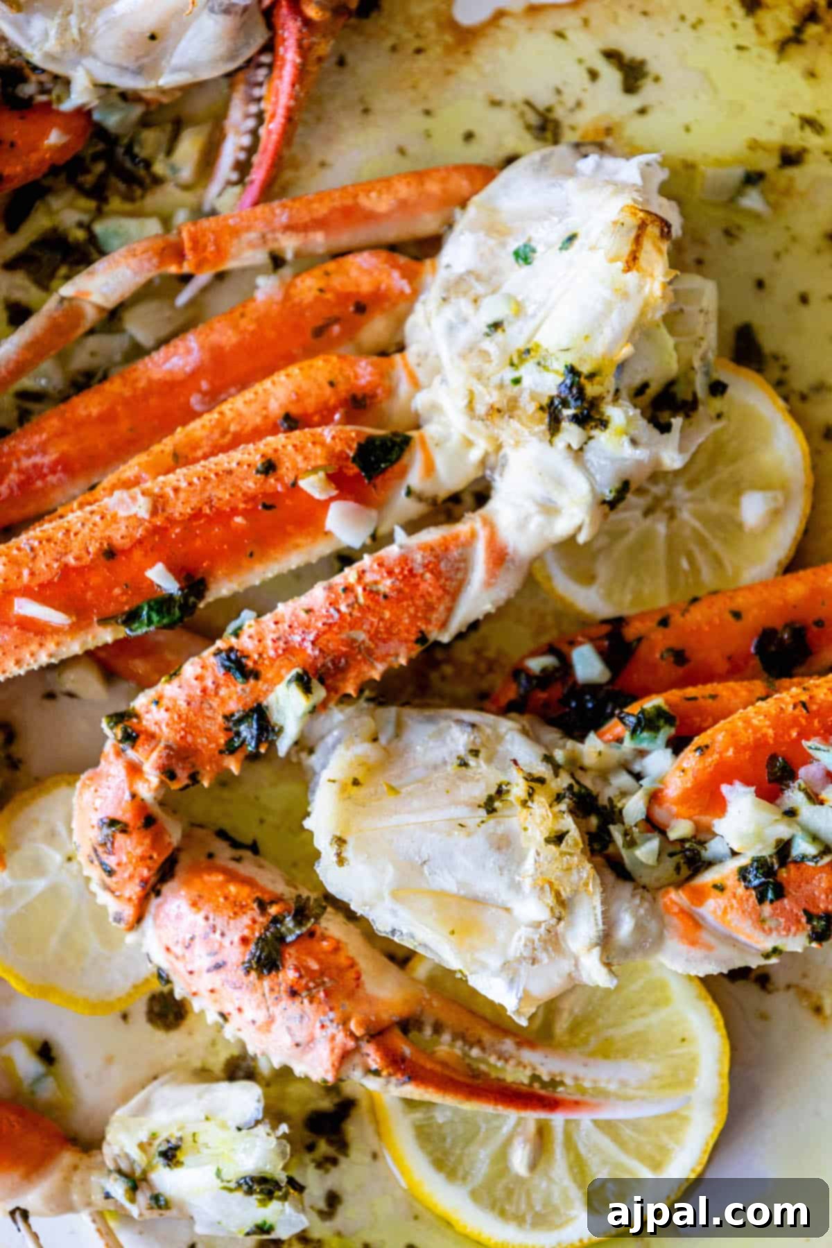 Baked Snow Crab Legs garnished with lemon and herbs.