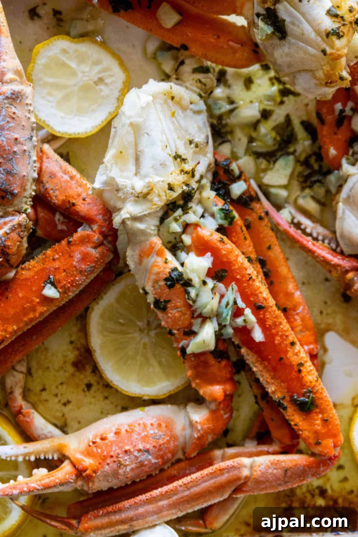 Baked snow crab legs with lemon and herbs on a baking sheet.
