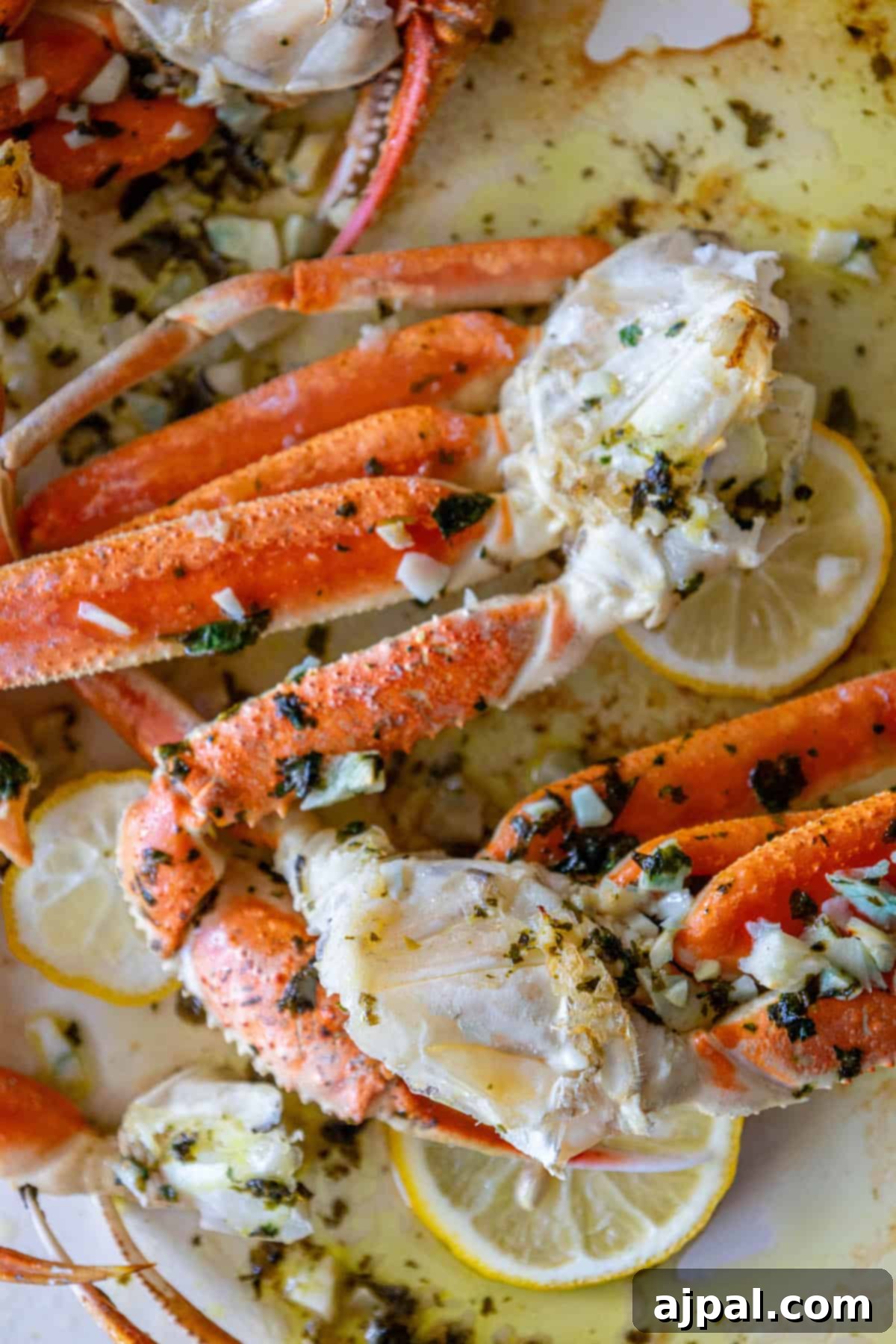 Baked crab legs with lemon wedges.