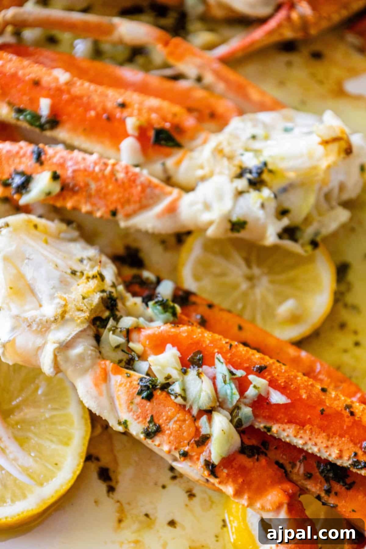 Baked snow crab legs on a plate with lemon wedges.