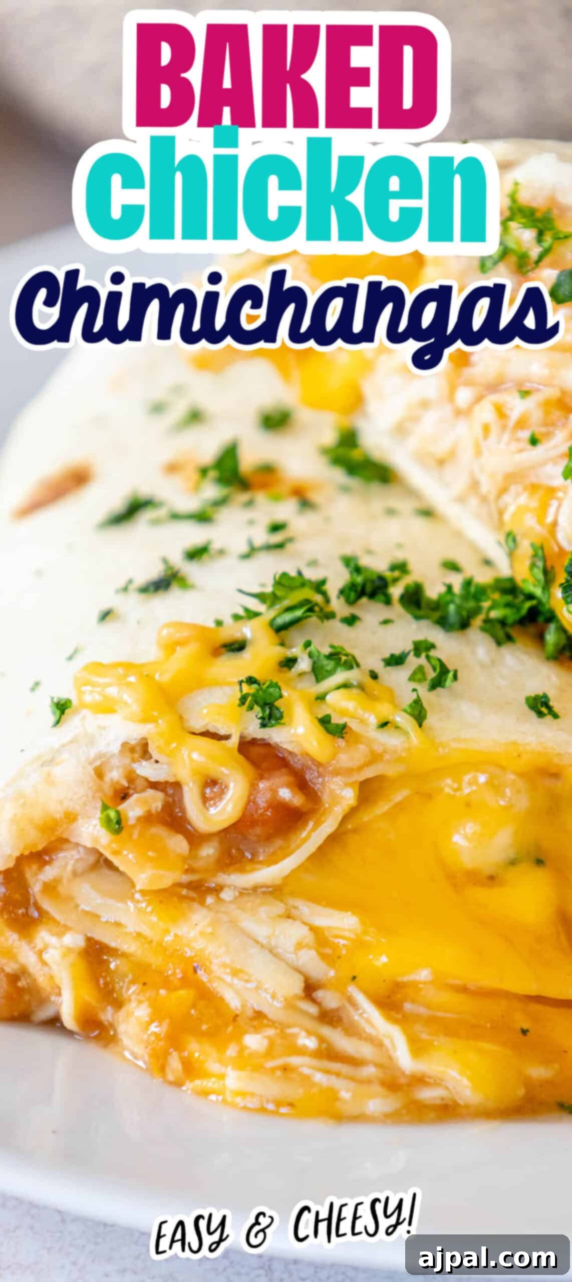 Oven-Baked Chicken Chimichangas 18 Baked chicken chimichangas on a plate with fresh garnish.