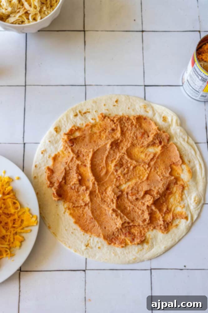 Oven-Baked Chicken Chimichangas 6 A collection of chimichanga ingredients on a tiled surface.