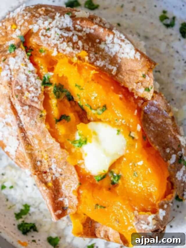 A baked sweet potato topped with butter and parsley.