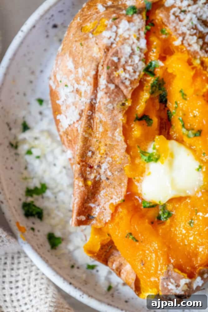 Perfectly Salt Baked Sweet Potatoes 4 Close-up of a rustic plate featuring a beautiful salt-baked sweet potato, generously topped with melting butter and vibrant green parsley.