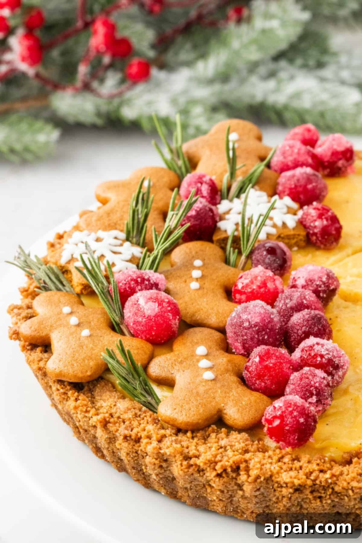 Festive Eggnog Tart 14 Gingerbread tart with cranberries and rosemary on a white plate.