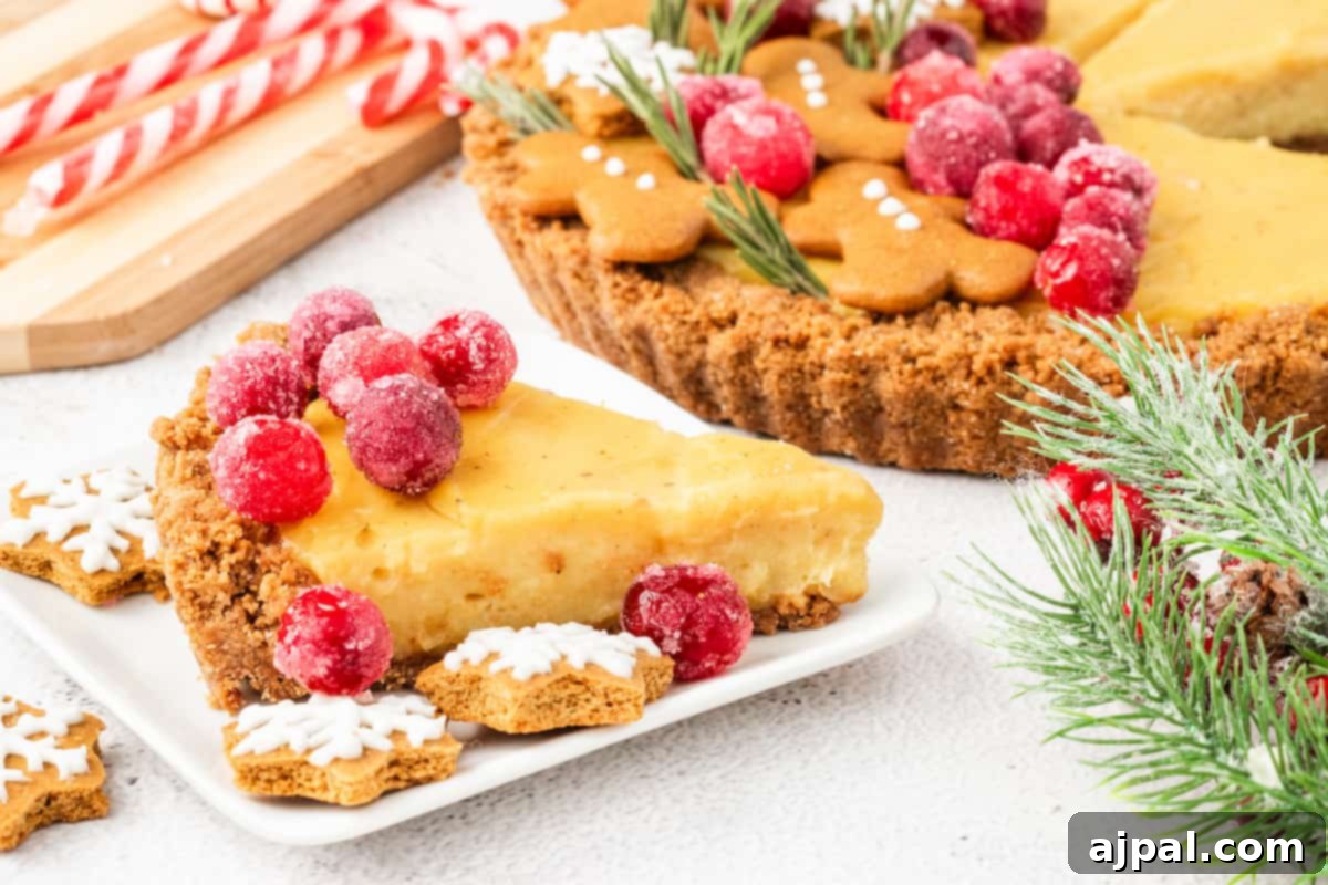 Festive Eggnog Tart 15 A slice of eggnog tart on a white plate.