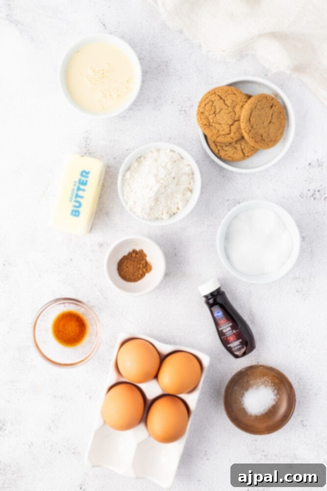 Festive Eggnog Tart 5 The ingredients for an Eggnog Tart recipe are laid out on a white surface.