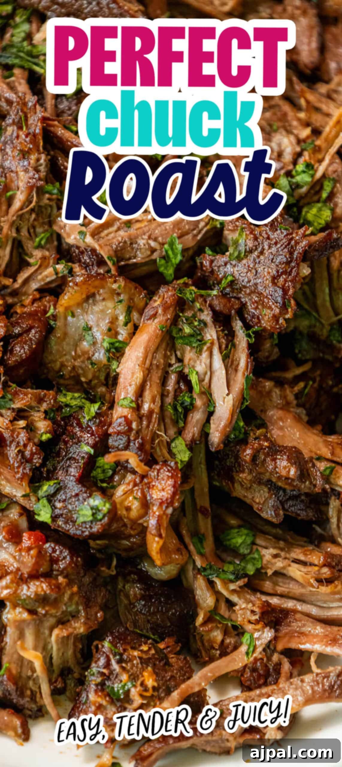 A stunning shot of a perfectly cooked chuck roast, moist and tender.