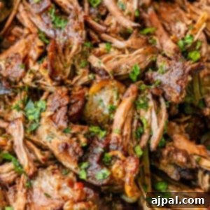 A plate of pulled pork with herbs and parsley, made with a perfect chuck roast.