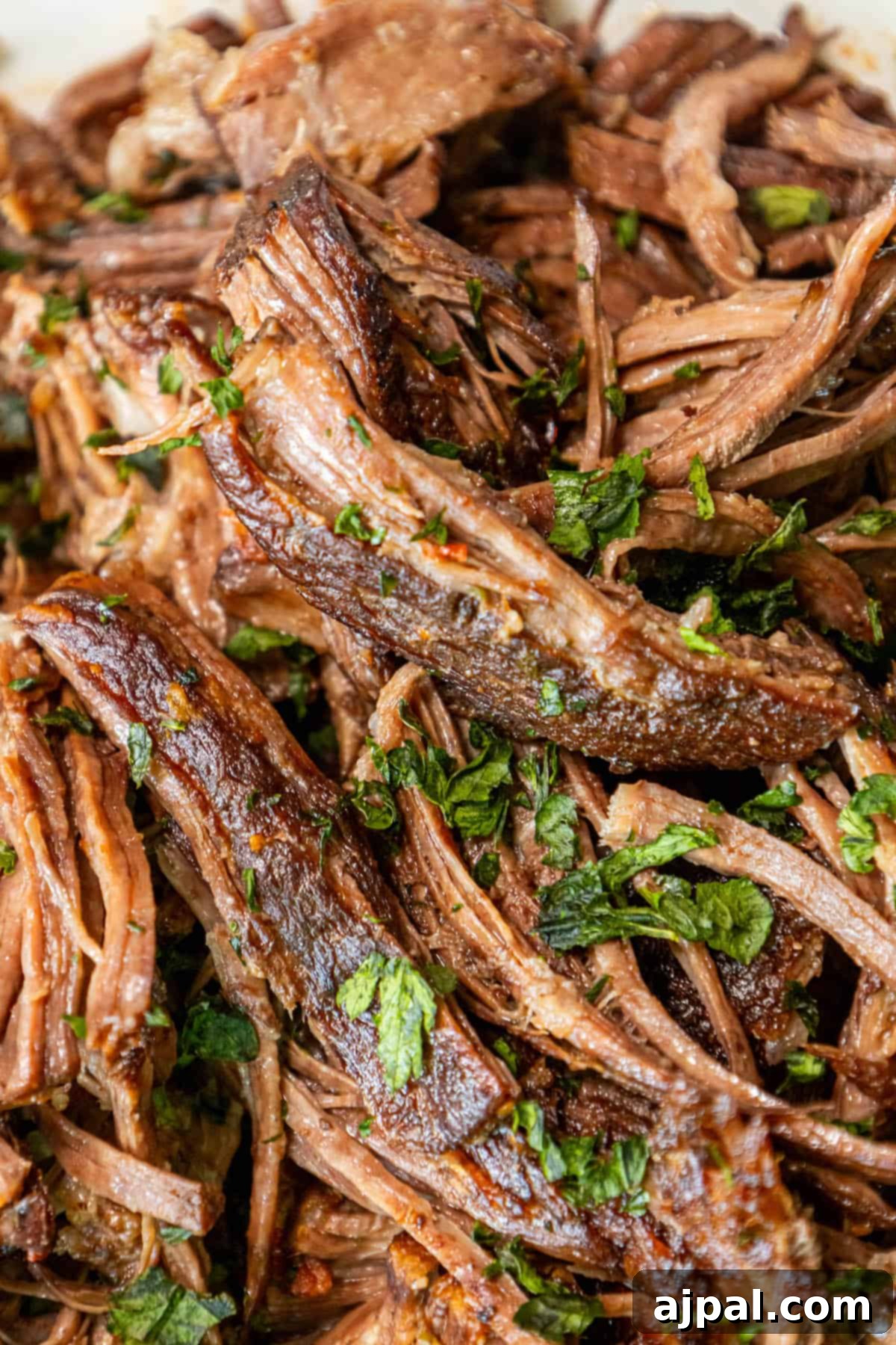 A plate of Perfect Chuck Roast with fragrant herbs on top, ready to serve.