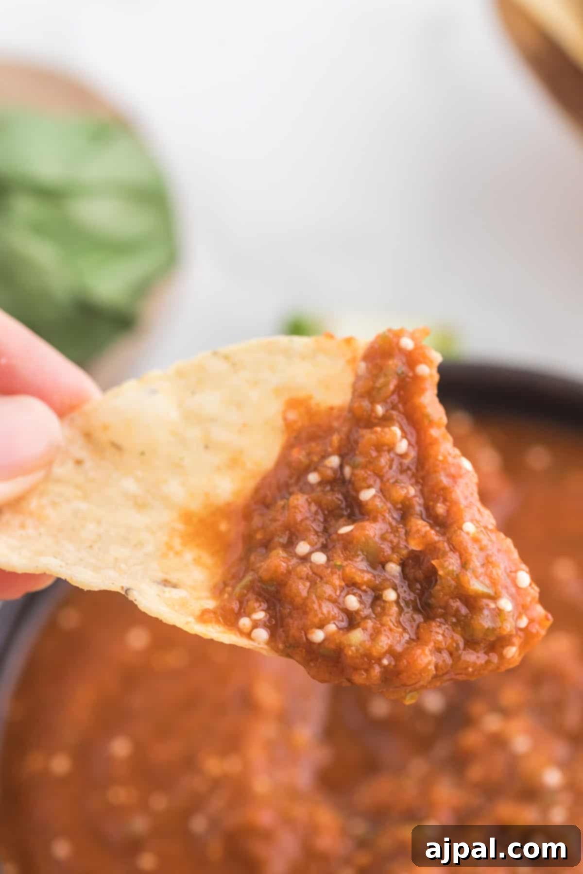 Smoky Chipotle Blaze 2 A person holding a tortilla chip dipped in rich, red Copycat Chipotle Hot Salsa, showcasing its vibrant color and inviting texture.
