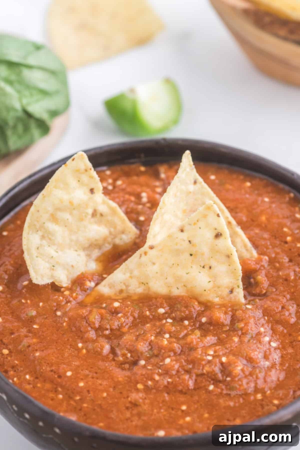 Smoky Chipotle Blaze 12 A tantalizing bowl of spicy Mexican salsa, rich with the flavors of chipotle peppers, sits beside a generous pile of crispy tortilla chips, ready for dipping.