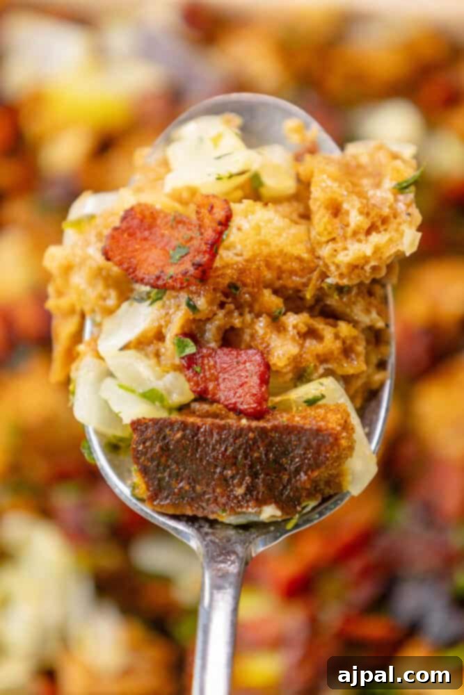 Hearty Bacon Rye Stuffing 3 A spoonful of delicious bacon stuffing.