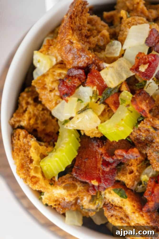 Hearty Bacon Rye Stuffing 5 A bowl of crispy bacon and caramelized onions.