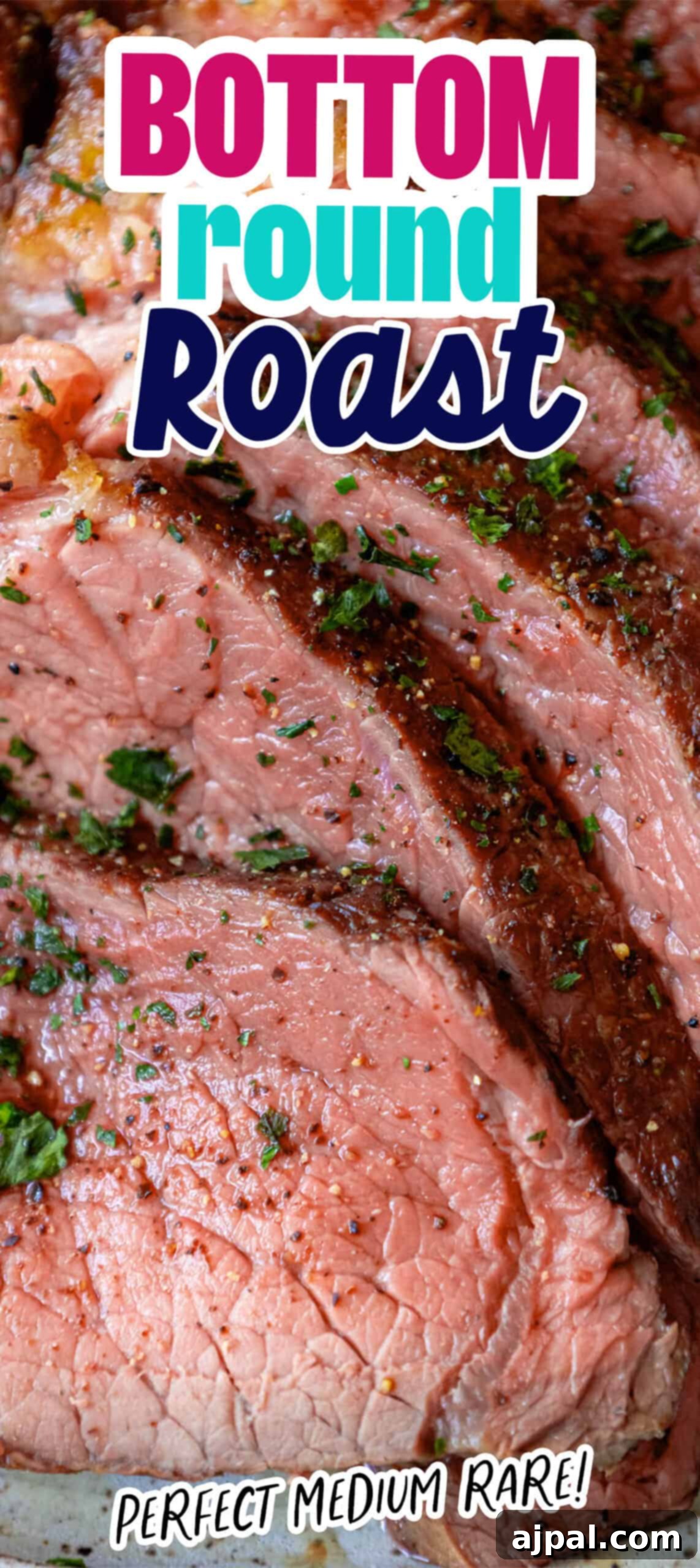 Bottom round roast with herb butter cooked to perfection, showcasing its golden crust.