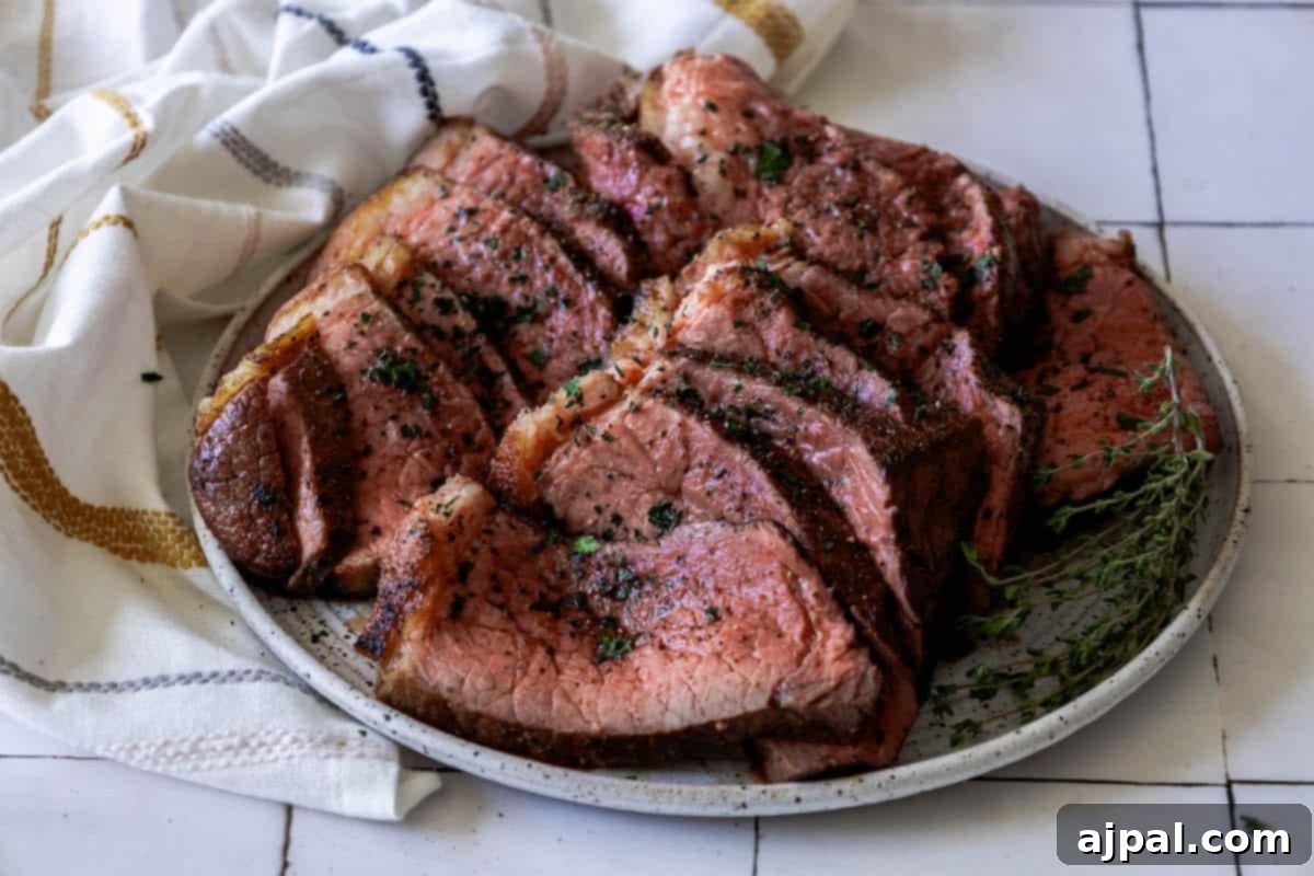 Beef tenderloin on a plate with fresh thyme and herb butter, ready to be served.