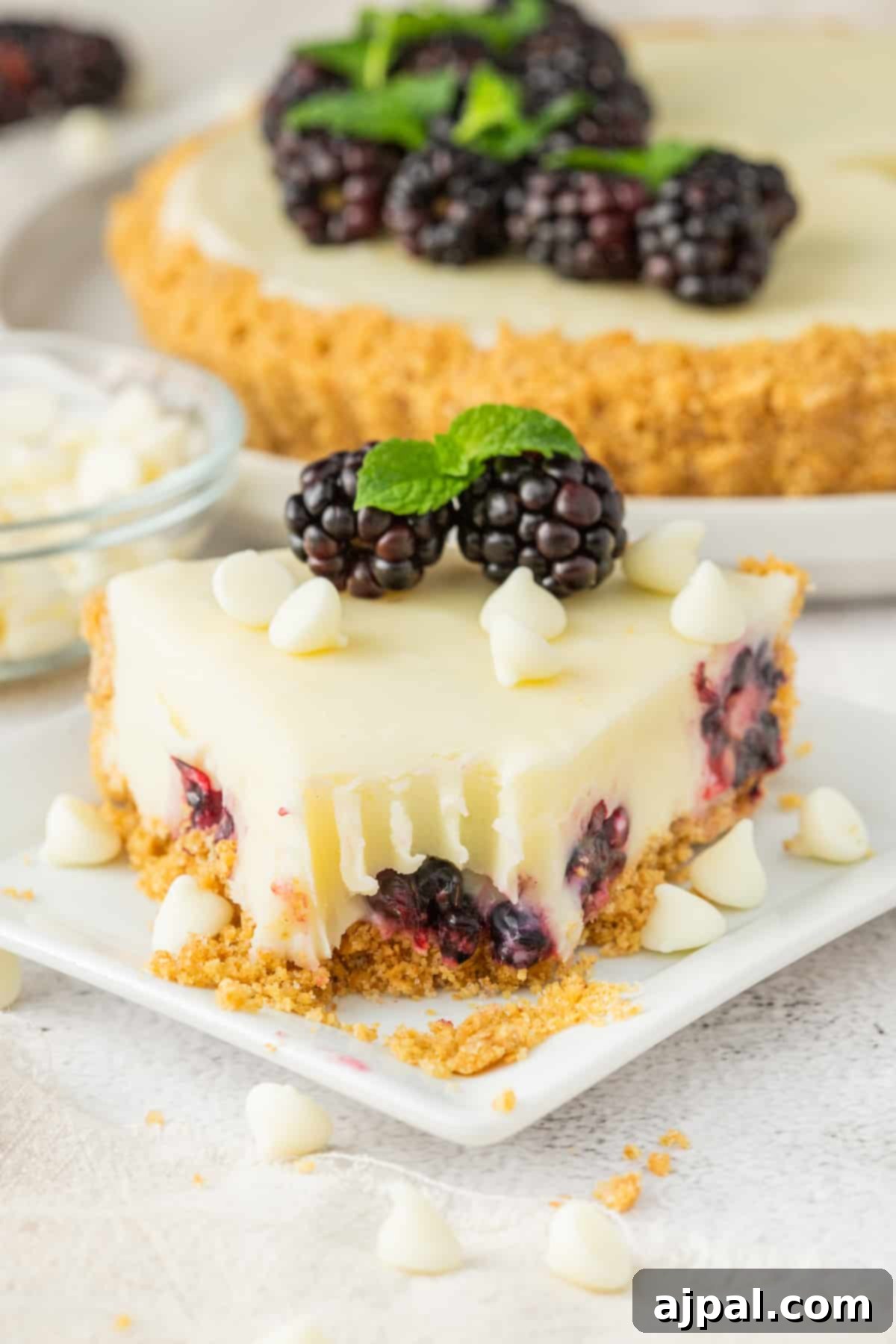 Silken White Chocolate Blackberry Tart 2 A slice of blackberry cheesecake on a plate, showcasing the creamy texture and fresh berries.