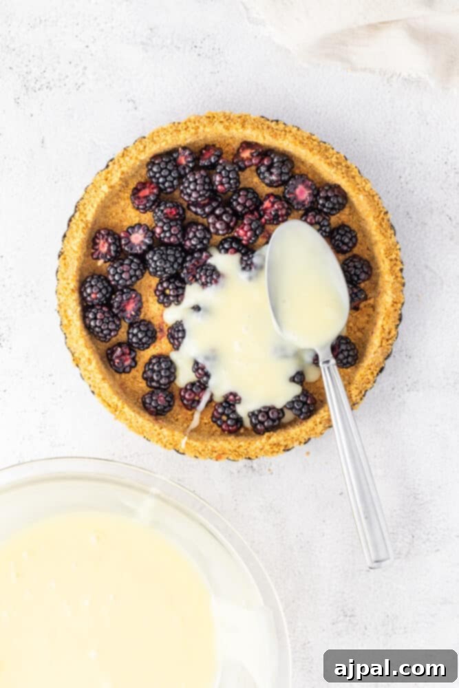 Silken White Chocolate Blackberry Tart 13 A White Chocolate Blackberry Tart with a spoon next to it, inviting a taste.