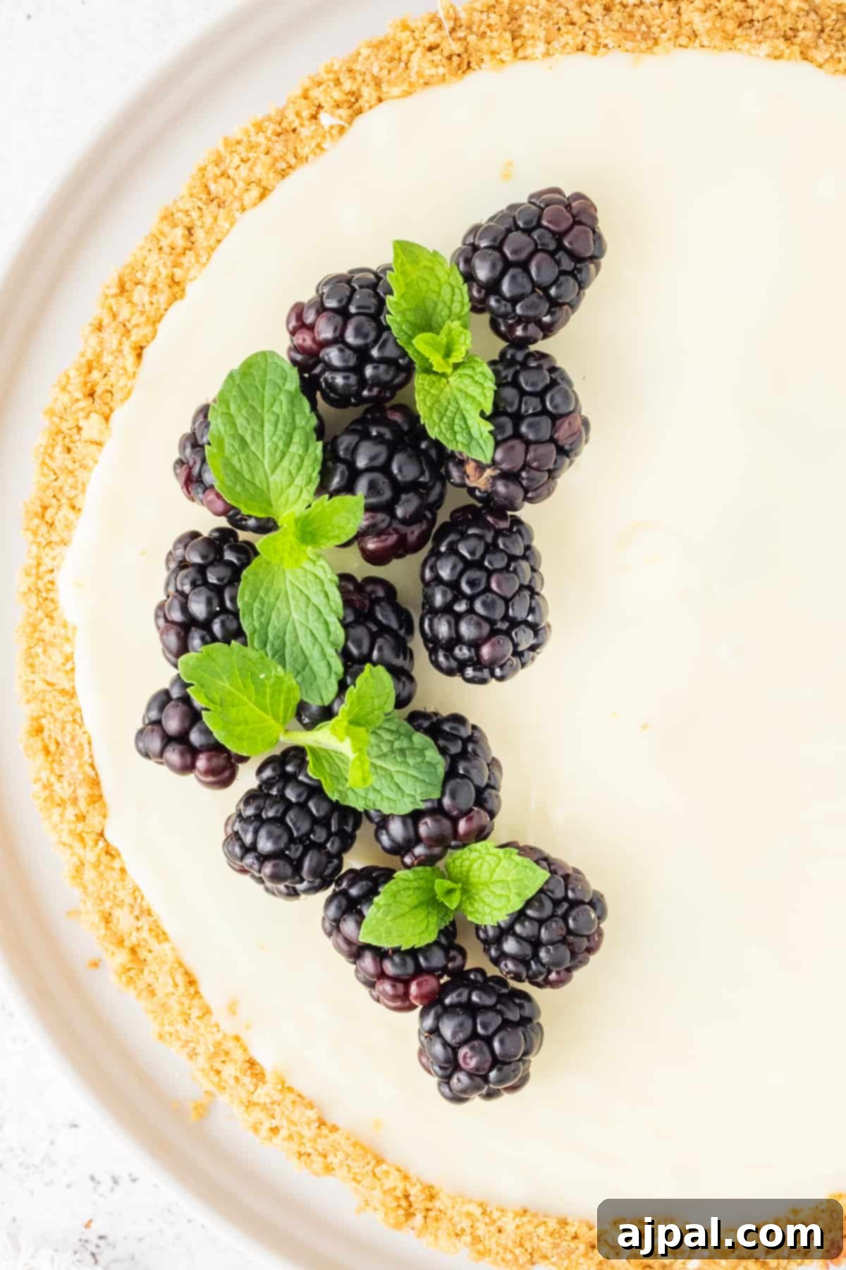 Silken White Chocolate Blackberry Tart 17 A White Chocolate Blackberry Tart with fresh mint leaves on top, beautifully presented.