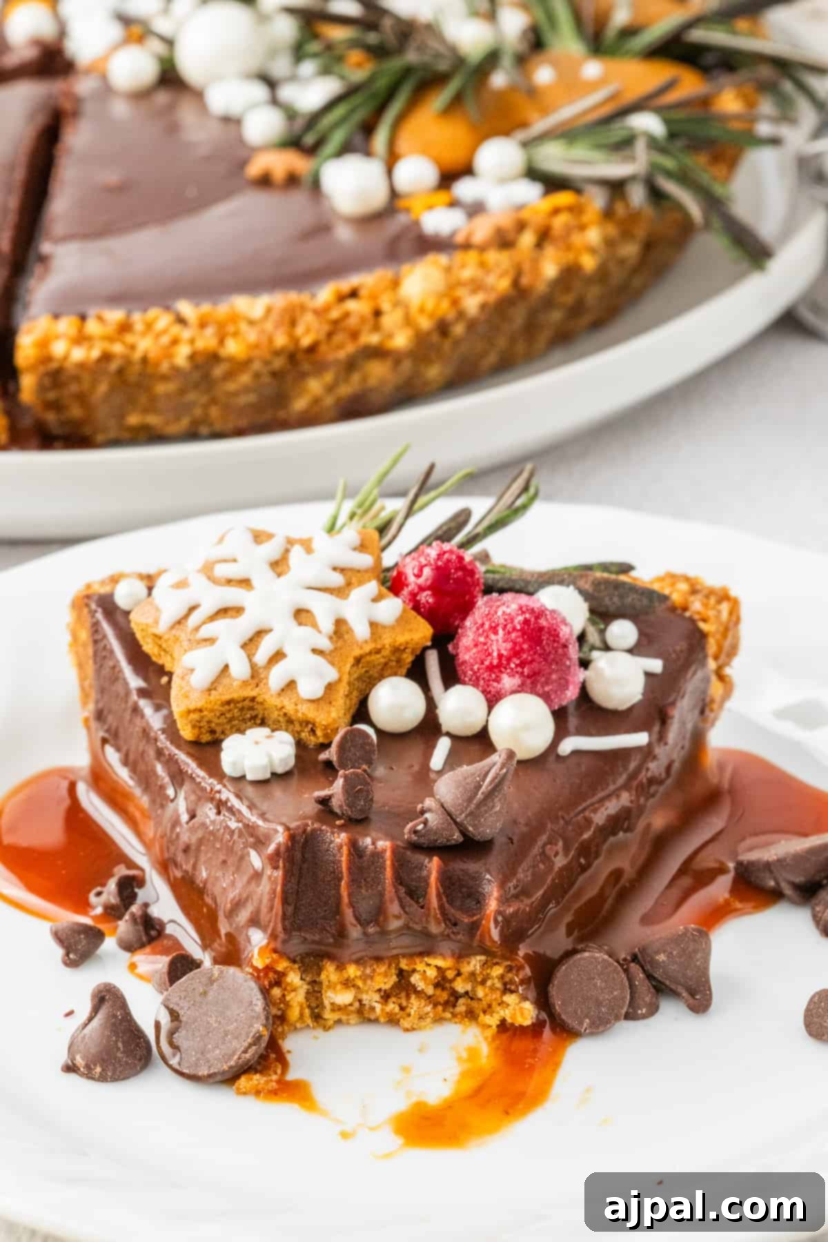 A luxurious slice of chocolate pie sits elegantly on a white plate, showcasing its rich, dark filling and smooth texture.