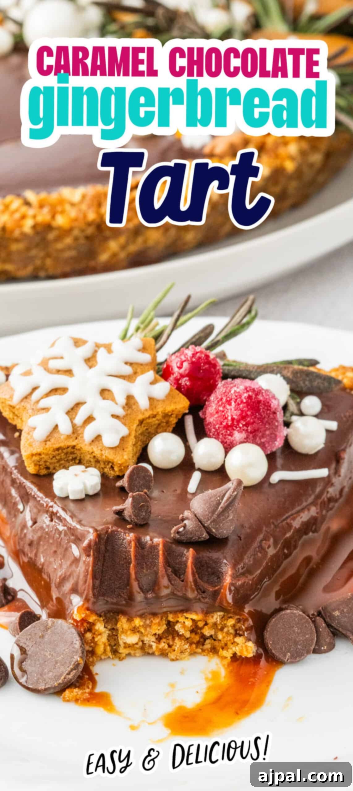 A tall, elegant Gingerbread Chocolate Caramel Tart, beautifully presented and ready to be sliced.