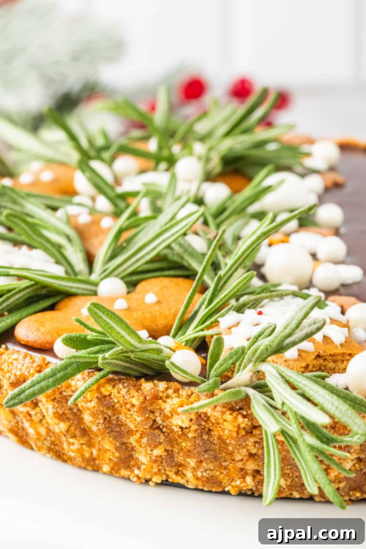 A rustic gingerbread tart beautifully garnished with fresh rosemary sprigs, ready for serving.